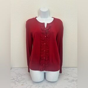 Jones New York Sport Red Sz S Cardigan Sweater Button Down Ruffle Long Sleeve